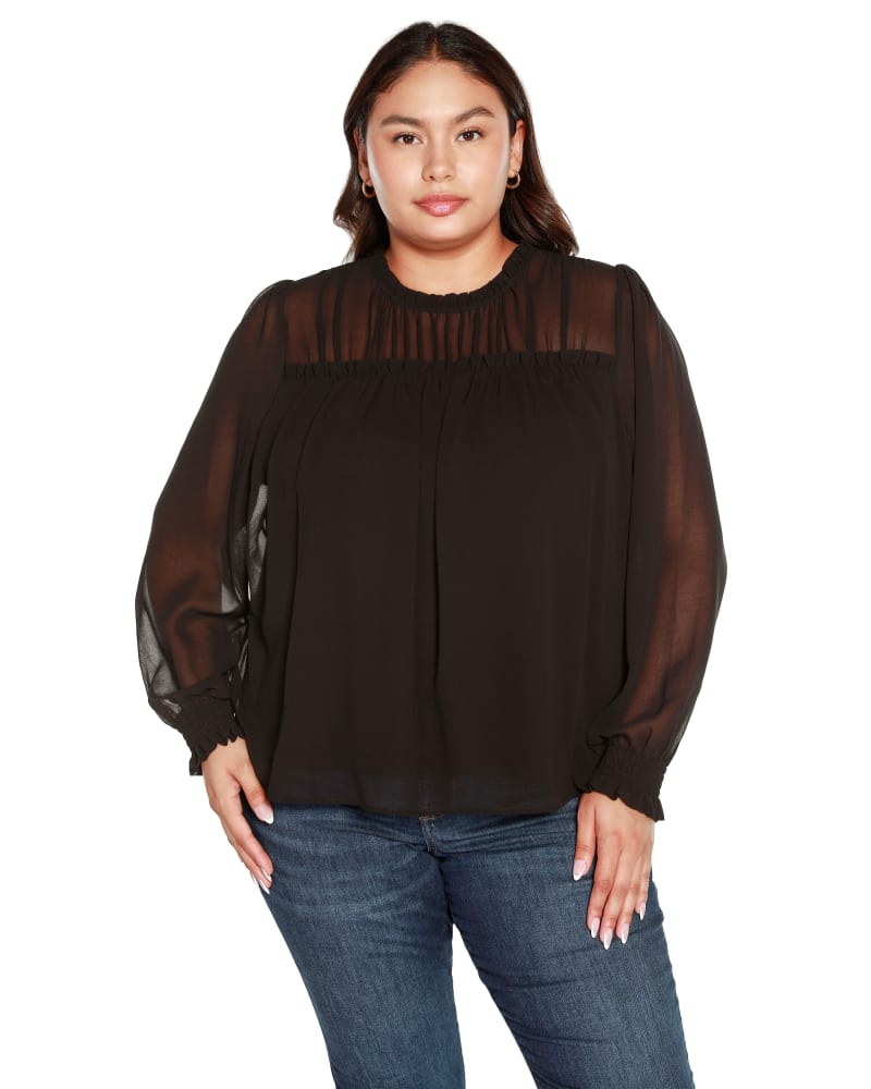 Front of a model wearing a size 3X Plus Size Gathered Chiffon Top in Black by Belldini Black Label. | dia_product_style_image_id:319225